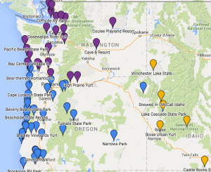 Map of yurt campground locations in the Pacific Northwest.