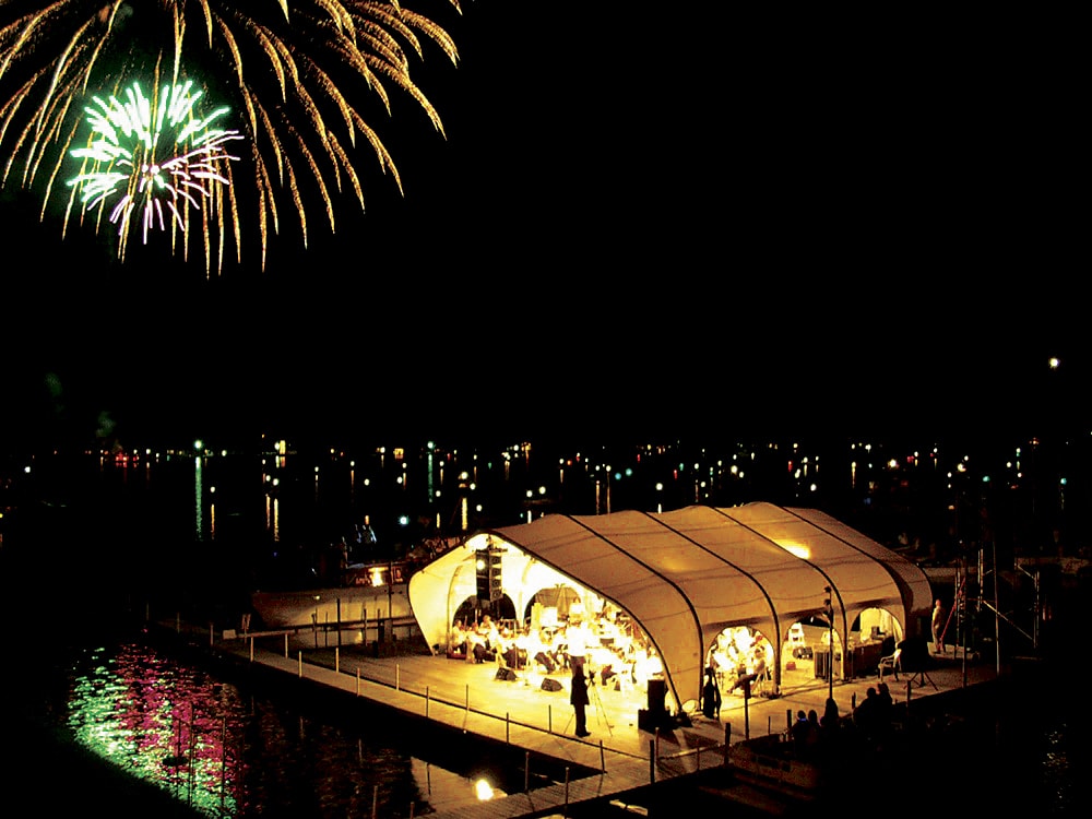 Fireworks night water music concert canopy