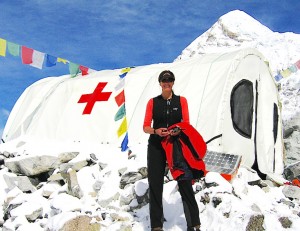 Dr. Luanne Freer outside of the WeatherPort on Mount Everest.