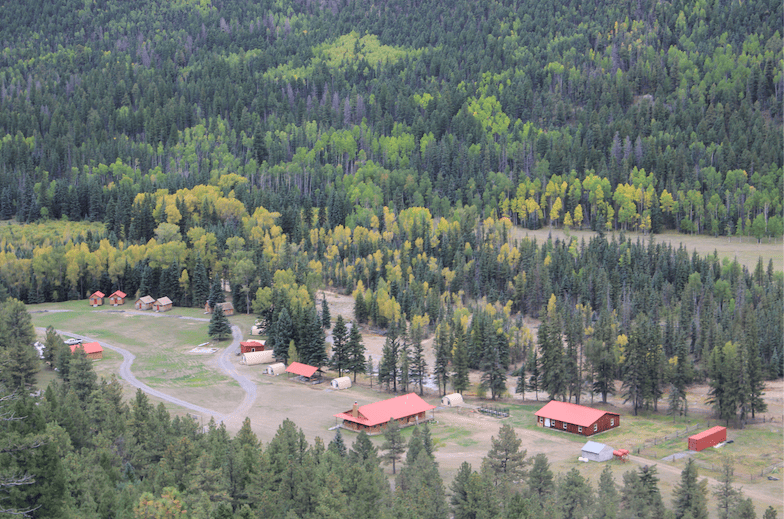 aerial view of campgrounds with weatherport cabins
