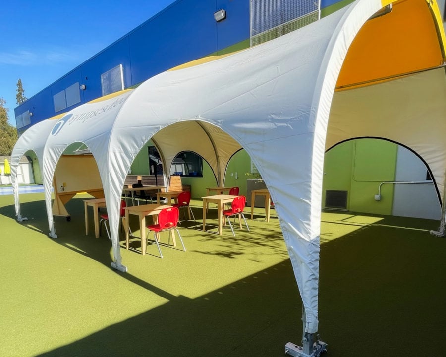 morning sun on outdoor classroom fabric structure