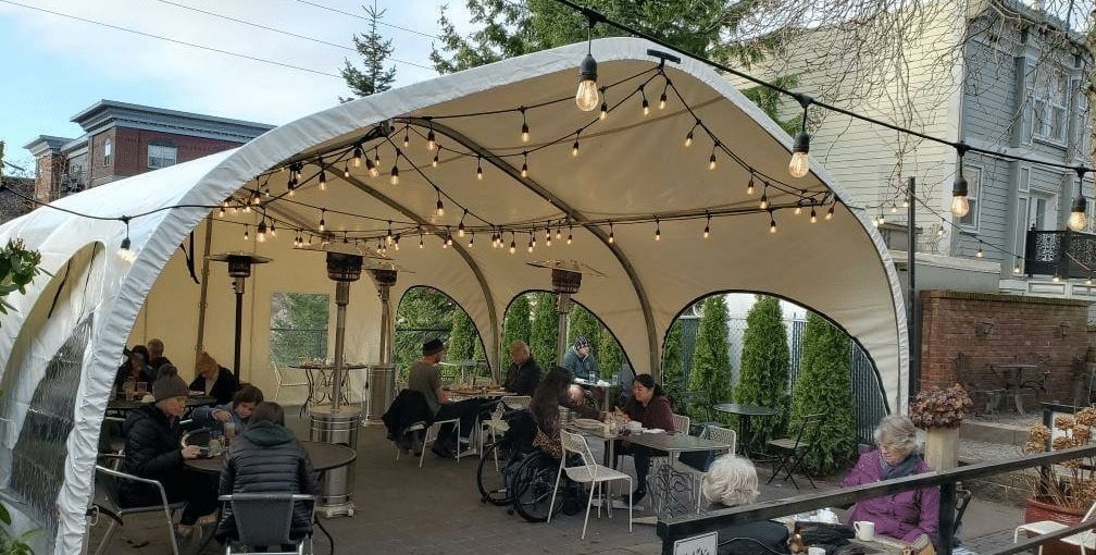 WeatherPort outdoor dining structure at Skylark's Hidden Cafe